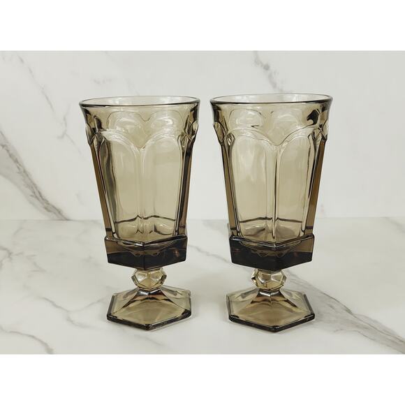 Fostoria Goblet Virginia Smokey Brown 10oz Ice Tea Water Glass Tall 7" Footed x2 - Picture 1 of 12